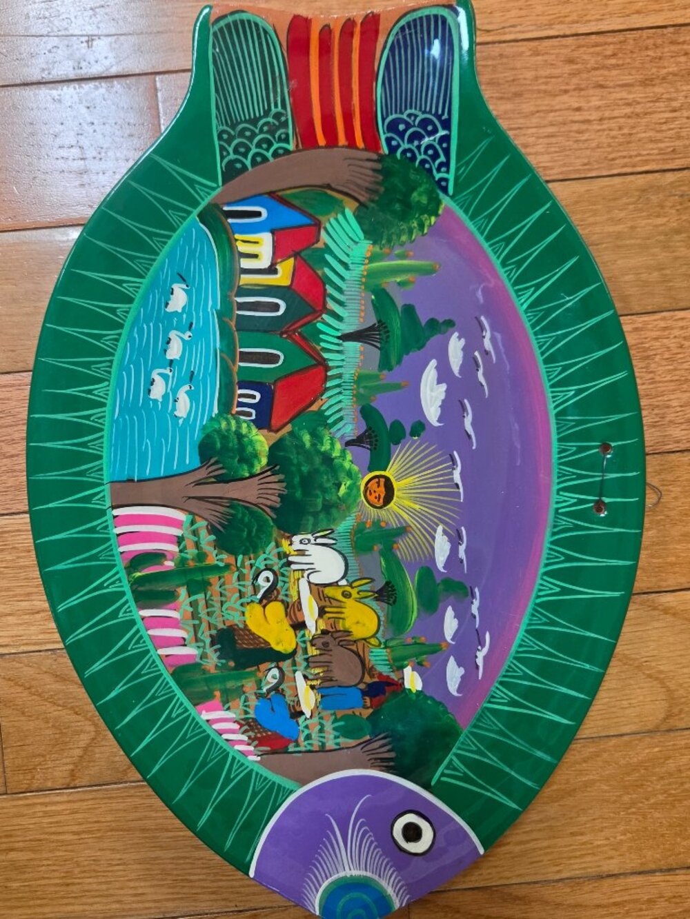vintage Mexican folk art fish plate vibrant hand painted red clay